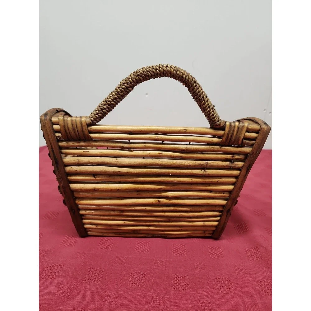 Mid-Century Rustic Twig/Rattan Basket Handmade Farmhouse Cottagecore